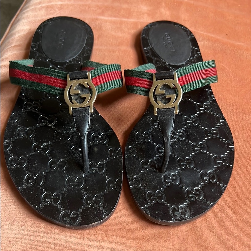 Gucci Black Sandals with Red and Green Straps.